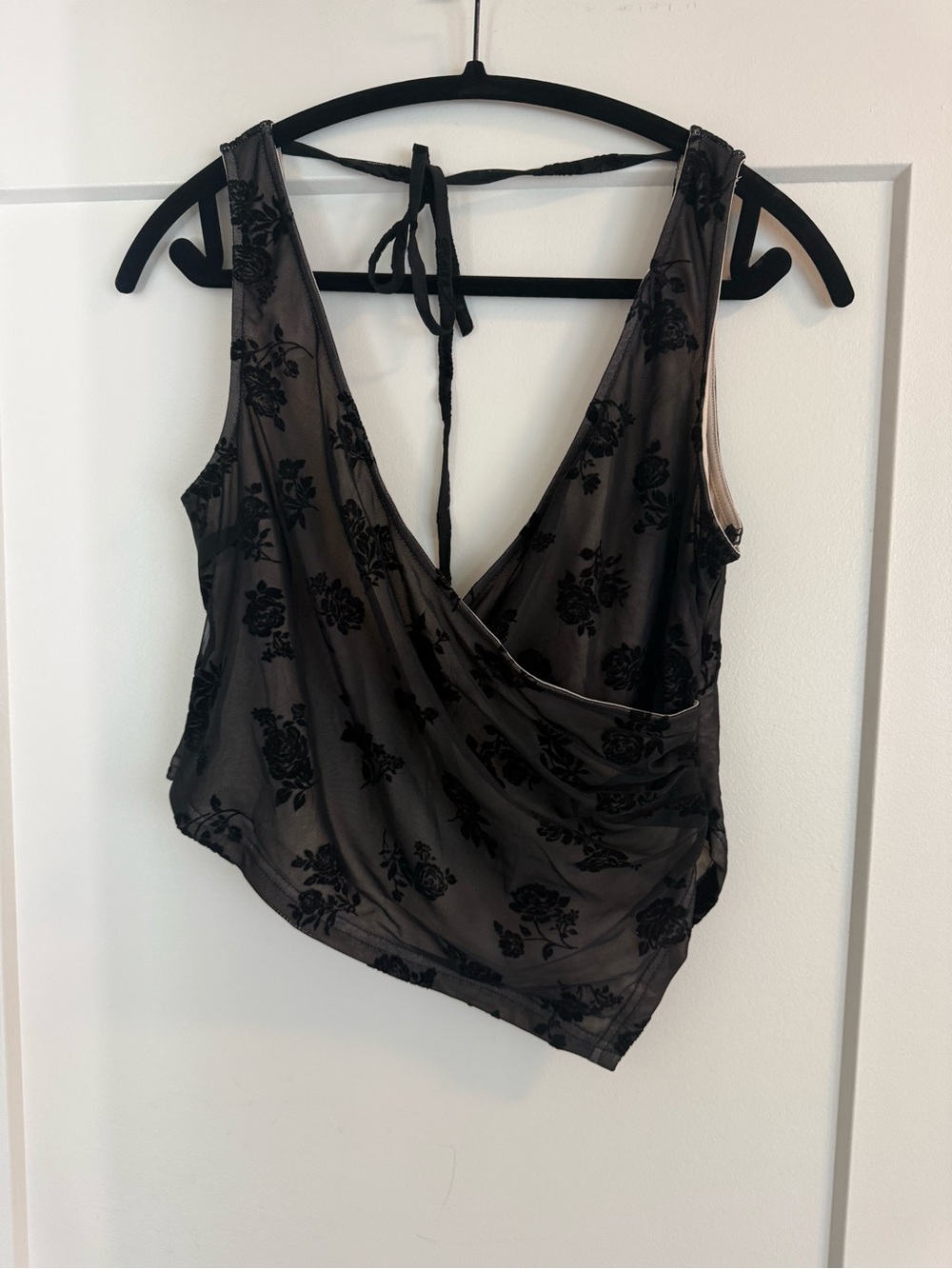 Black Velvet Floral Draped V-Neck Wrap Top